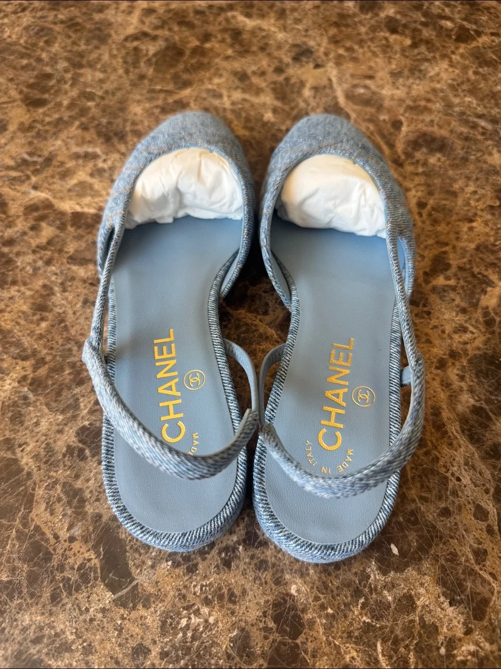 Chanel 26b denim blue quilted slingback sling flats sz 39